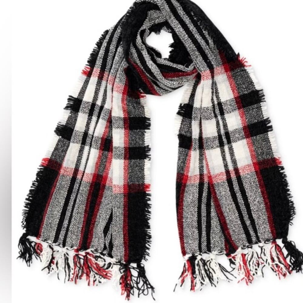 NWT Style & Co Chenille Scarf Red Black Holiday Tartan Plaid Fringe Wrap